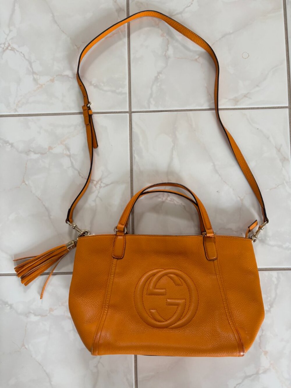 Gucci Orange Soho Cellarius Pebbled Leather Small Satchel Top Handle Crossbody